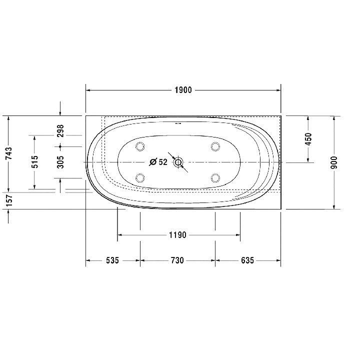 Bathtub Cape Cod Ванна угол справа 190x90см с бесшовной панелью и ножками, с одним наклоном для спины, цвет: белый