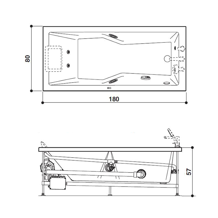 JACUZZI ENERGY Ванна с г/м 180x80x57см, без панели , смеситель, кит (форсунки, водозаборник,слив), SX, цвет белый