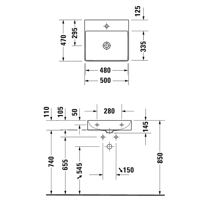 Duravit DuraSquare Раковина подвесная 50х47см, без перелива, с 1 отв., цвет: белый 