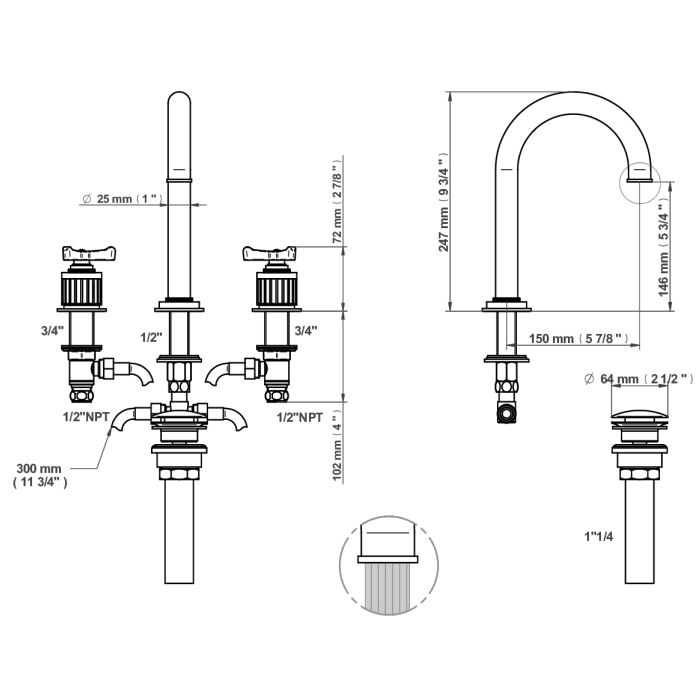 THG Hamptons Смеситель для раковины, 3 отв., цвет: хром