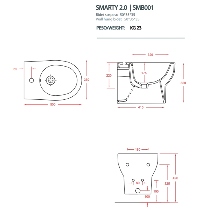 ARTCERAM/HIDRA SMARTY Биде подвесное  35х50 см, с 1 отв под смеситель, цвет: белый