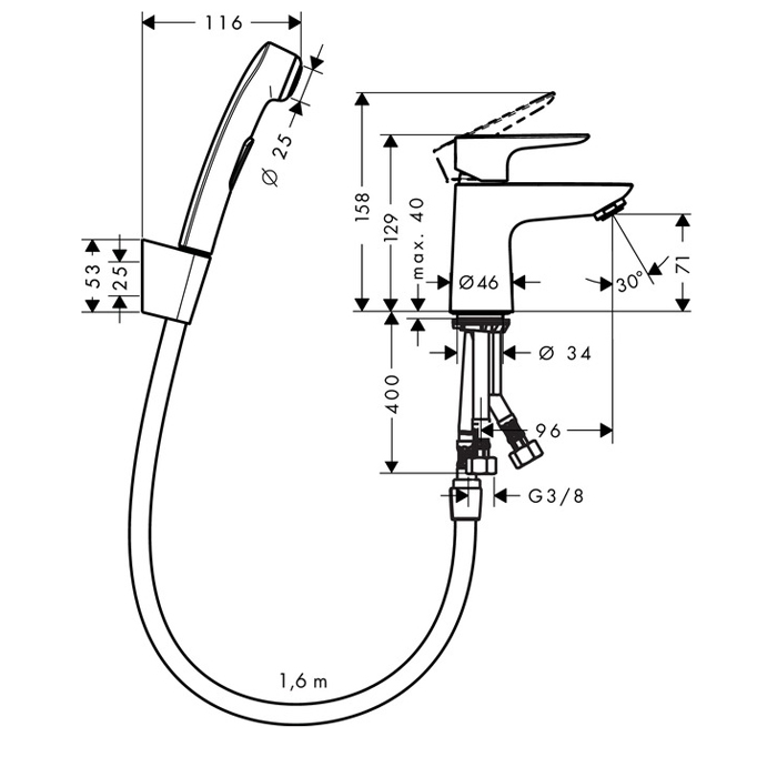 Hansgrohe Talis E, Смеситель для раковины с гигиеническим душем, с донным клапаном, Цвет: хром