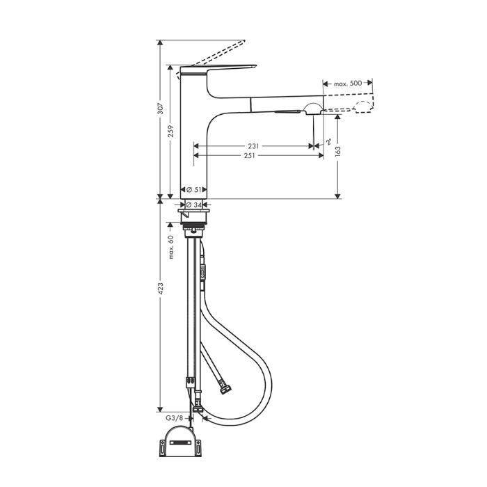 Hansgrohe Zesis M33 Смеситель для кухни, 1 отв., с вытяжным душем, sBox lite, цвет: хром