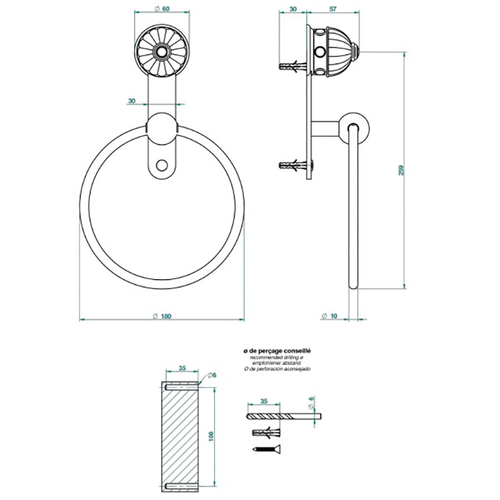 THG Amboise Jaspe rougе Держатель - кольцо 18см., подвесной, цвет: золото