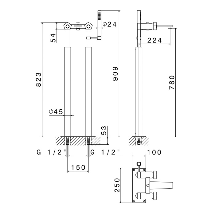 Newform ParkLE Смеситель для ванны, напольный, с ручным душем и шлангом 150см., цвет: PVD glossy gold/черный матовый