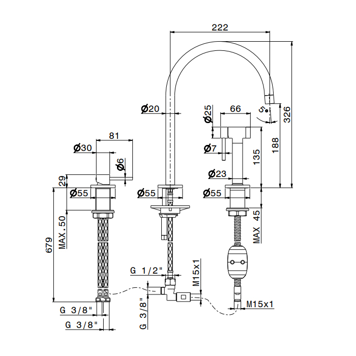 Newform N21 Смеситель для кухни, 3 отв., с ручным душем, цвет: PVD Brushed gun metal