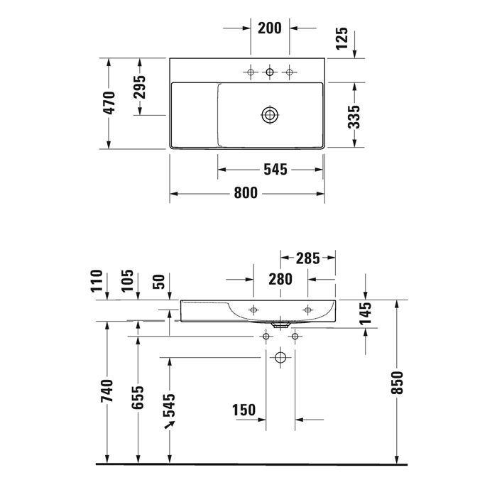 Duravit DuraSquare Раковина подвесная 80х47см, Dx, с отметками на 2 отв., без перелива, с покрытием WonderGliss, цвет: белый