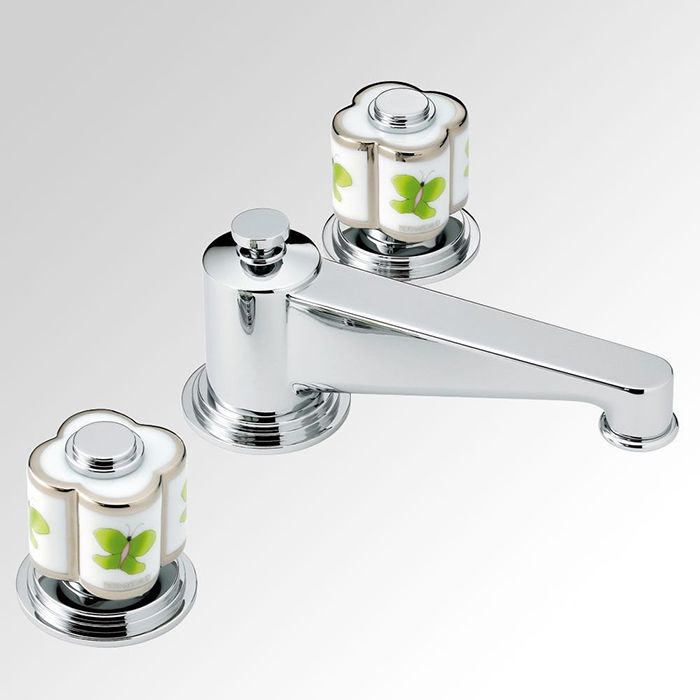 THG CAPUCINE VERT DECOR PLATINE Смеситель для раковины на 3 отверстия, с донным клапаном, декор платина/зеленый, цвет: хром