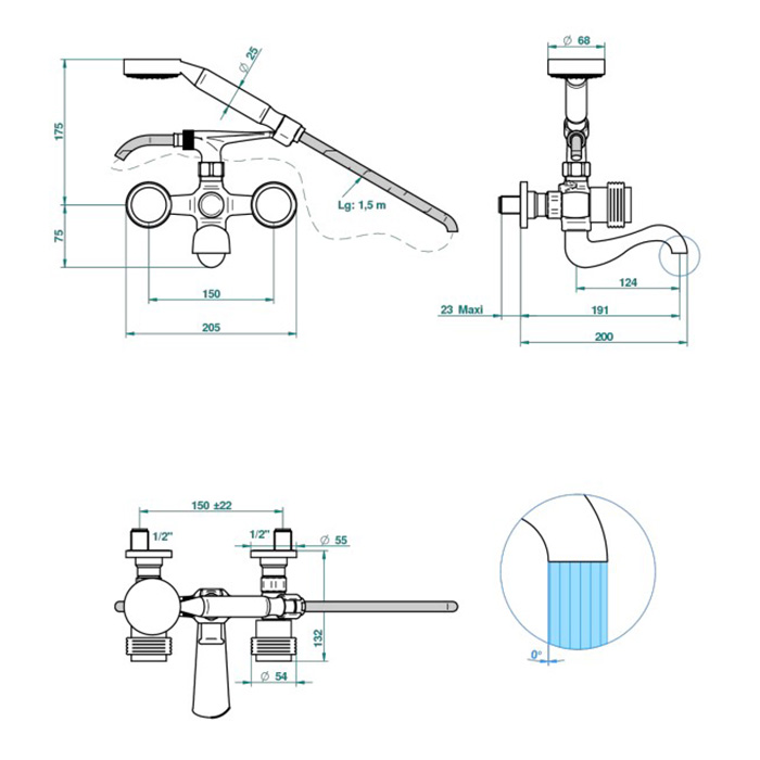 THG Diplomate grooved rings Смеситель для ванны, настенный монтаж, с ручным душем и шлангом 1500 мм., цвет: хром/золото