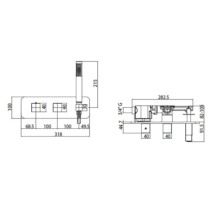 Bossini Cube Комплект:Термостат для душа, встраиваемый, с девиатором на 2 выхода, ручной душ с держателем, подключение на 3/4”, цвет: хром