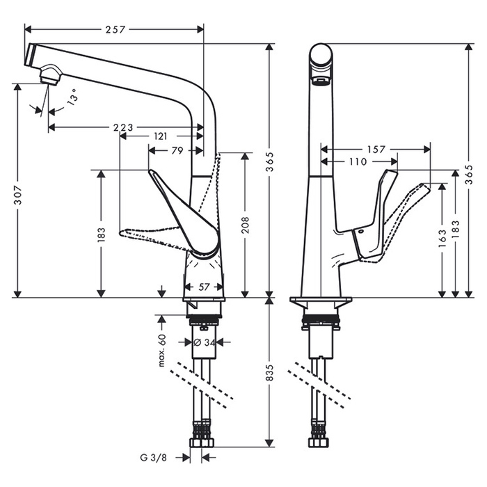 Hansgrohe Metris Select Смеситель  для кухни на 1 отв, поворотный излив, кнопка вкл/выкл воды, цвет: сталь