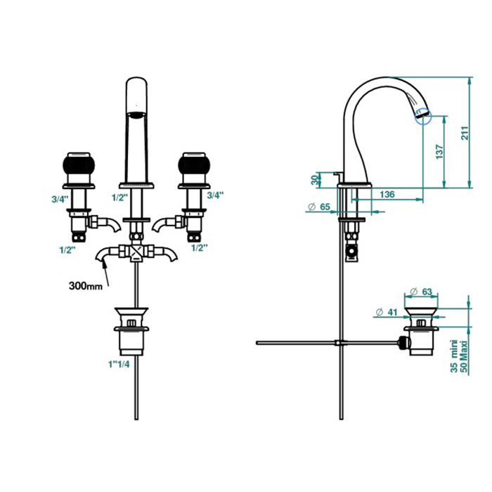 THG Diplomate Royale Смеситель для раковины на 3 отверстия, с донным клапаном, цвет: полированное золото