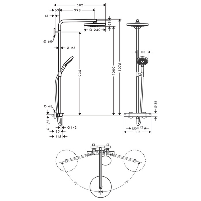 Hansgrohe Raindance Select S 240 Showerpipe Душевая система, с верхним душем Ø30см., ручным дешем, и термостатическим смесителем, цвет: хром