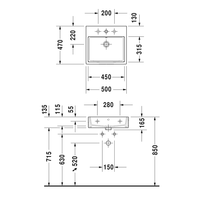 Duravit Vero Air Раковина 50х47см., подвесная, без перелива, c 1 отв., шлифованная, цвет: белый