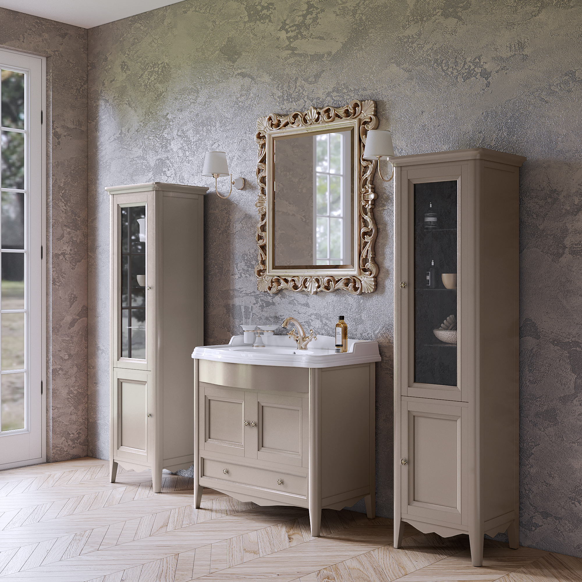 TW Veronica, База с раковиной Simas AR864bi*1 90x56см, с 1отв., 2 распашные дверки+1 выдв.ящик,  доводч. Blum, ручки: Riflesso бронза, напольная, цвет: TORTORA