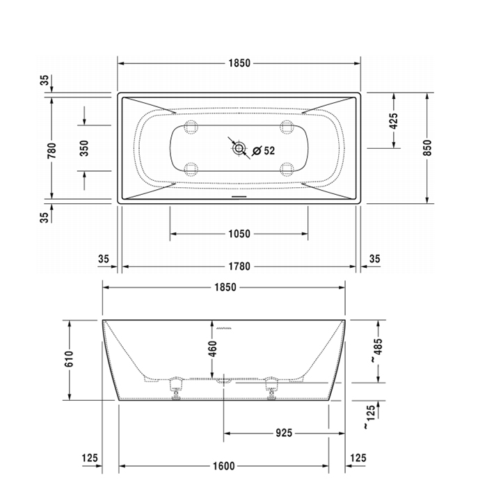 Duravit DuraSquare Ванна 185x85x61см, отдельностоящая с панелью и ножками, со спец слив-переливом, цвет: белый