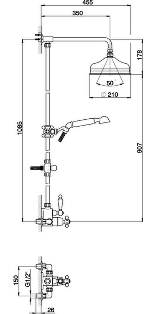 CISAL Arcana Душевой комплект: термостатический смеситель, стойка с верхним душем, лейка+шланг, цвет: золото