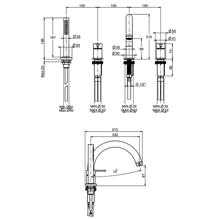 Fima Carlo Frattini Snap Смеситель на борт ванны, на 4 отв., с ручным душем, цвет: хром
