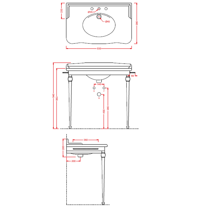 Artceram HERMITAGE Металлическая структура с раковиной 92х58см, на 3 отв., напольная, цвет: хром