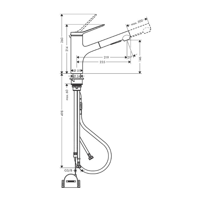 Hansgrohe Zesis M33 Смеситель для кухни, 1 отв., с вытяжным душем, sBox lite, цвет: хром