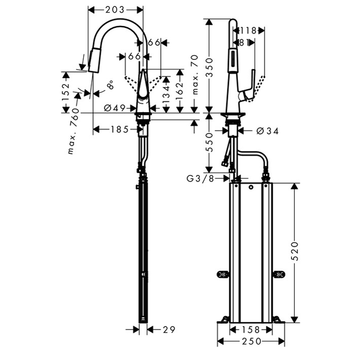 Hansgrohe Talis M51 Смеситель  для кухни на 1 отв, поворотный излив: 18.5см с вытяжным душем, 2jet, h:15.2см, цвет: хром