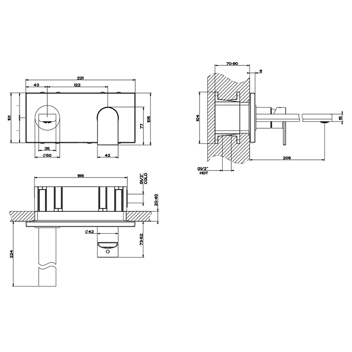 Gessi Emporio Via manzoni Смеситель для раковины, встраиваемый, излив: 20,9см., цвет: Finox Brushed Nickel