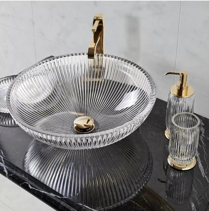  3SC ELEGANCE Раковина накладная, D=43,5/h16 см, без отверстия под смеситель, донный клапан в комплекте, цвет: прозрачный хрусталь/золото 24к. 