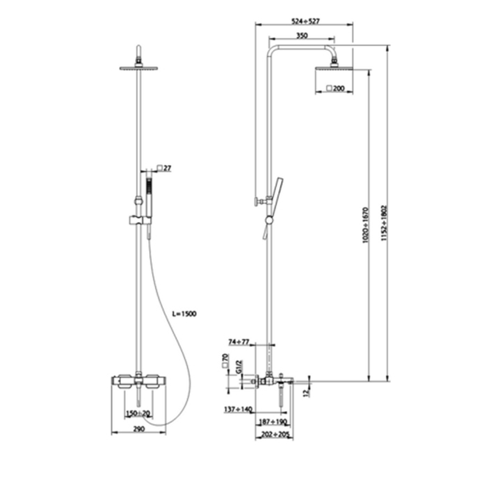 Cisal Roadster Душевая стойка настенная, с термостатическим смесителем, с изливом, верхним душем 20х20см, ручным душем и шлангом 150см, цвет: хром