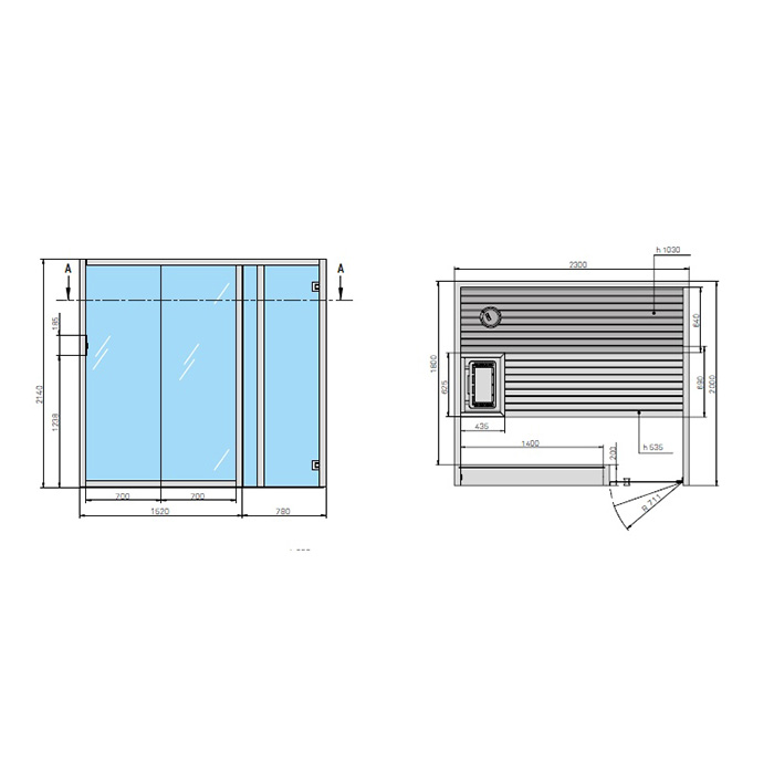 Effegibi Yoku S Glass Сауна 230x200х214см, угловая DX, цвет: осина термообработанная