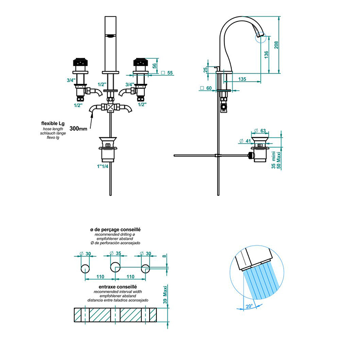 THG Masque de Femme Solaire Смеситель для раковины, 3 отв., цвет: хром