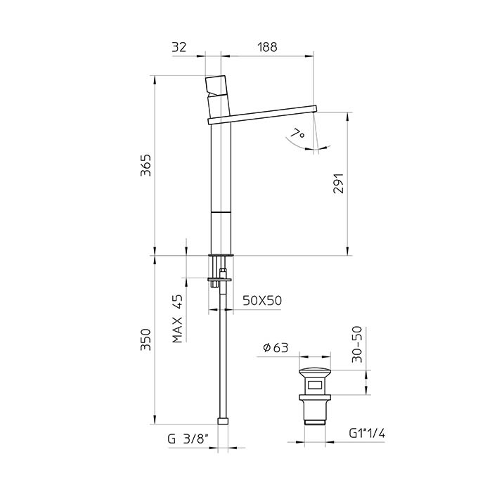 Bossini Cube Смеситель для раковины, на 1 отв., супер-высокий с заглушкой 1”1/4, цвет: черный матовый  