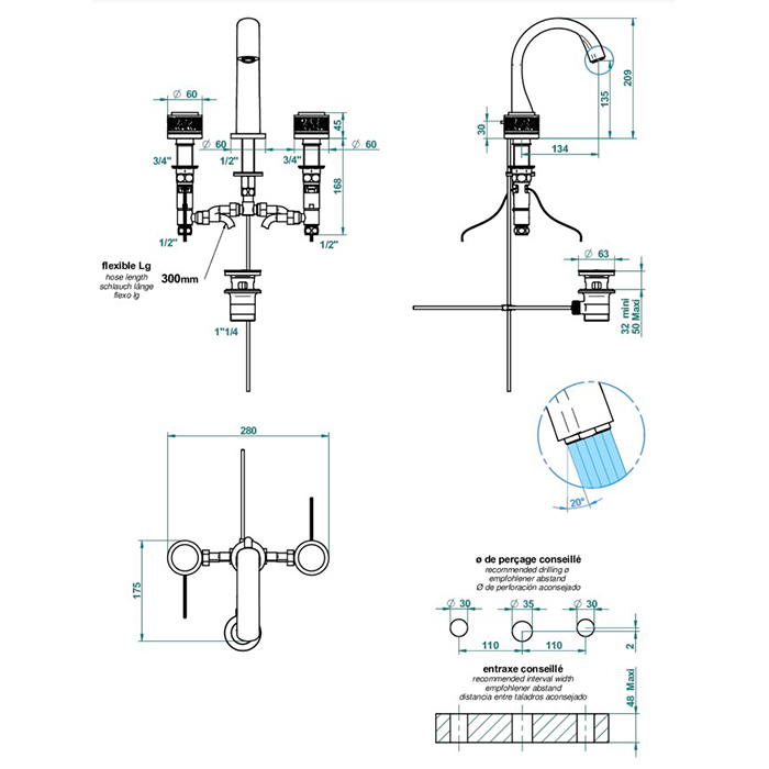 THG Paradise Смеситель для раковины на 3 отверстия, ручки с подсветкой, с донным клапаном, цвет: хром