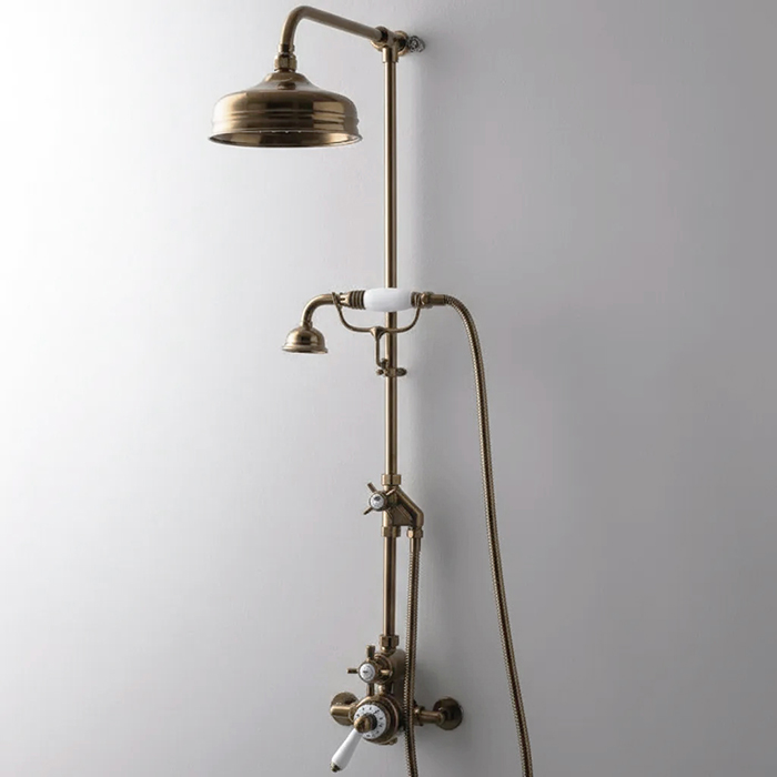 Devon&Devon Душевая стойка с термостатическим смесителем, верхний душ 20см, ручной душ, цвет: бронза