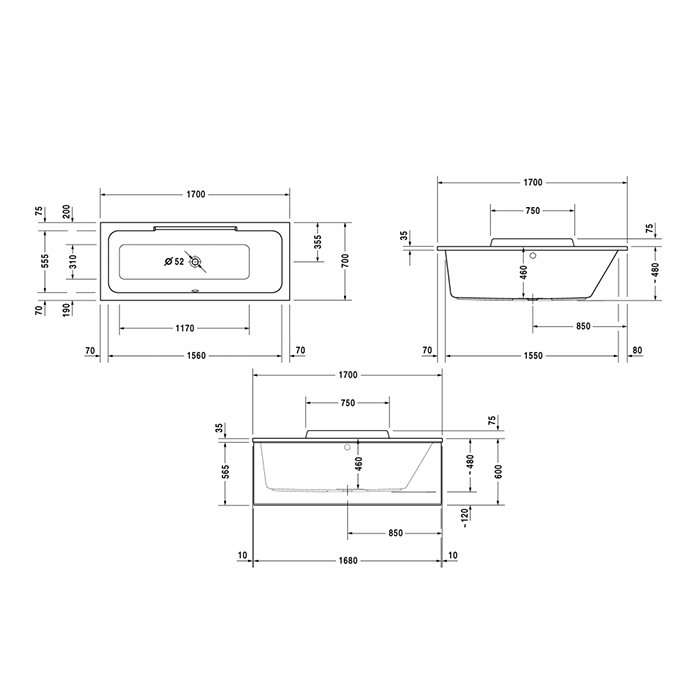 Duravit DuraStyle Ванна 170х70x48см,, прямоугольная, встраиваемая или версия  с панелями и ножками, с наклоном для спины справа, цвет: белый