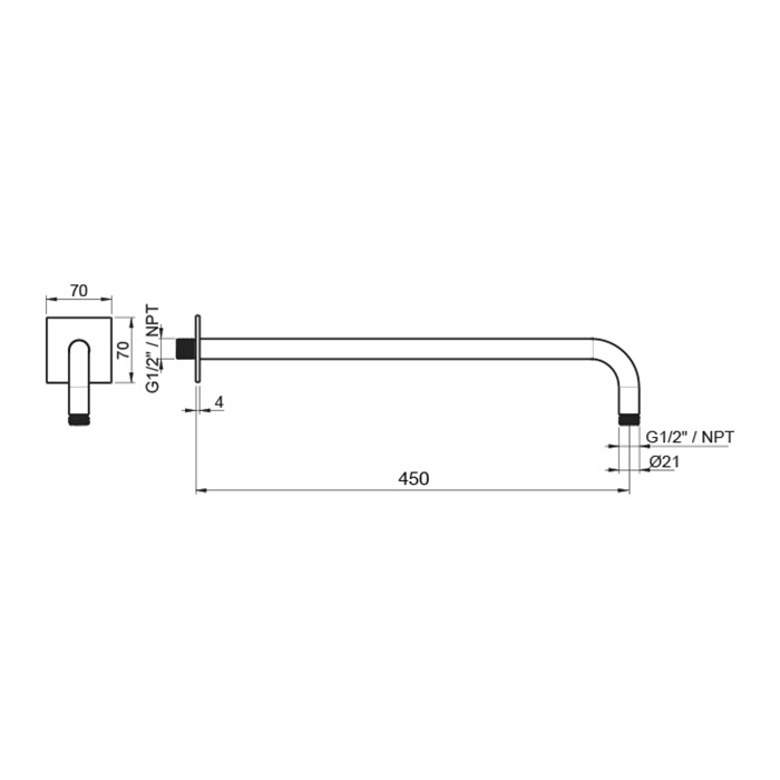 Almar 316 Stainless Steel Кронштейн для верхнего душа, настенный, 45 см с квадратным отражателем, цвет: нержавеющая сталь брашированная AISI 316