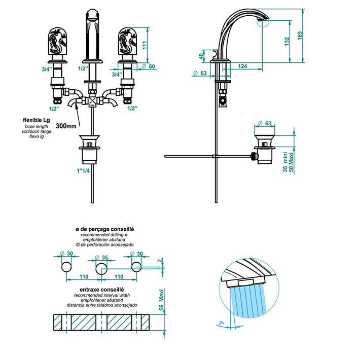 THG Naïade Смеситель для раковины, 3 отв., цвет: хром/прозрачный хрусталь