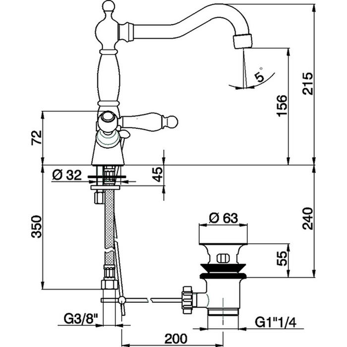 CISAL Arcana Toscana Смеситель на 1 отверстие для раковины, с донным клапаном, цвет: золото/белый