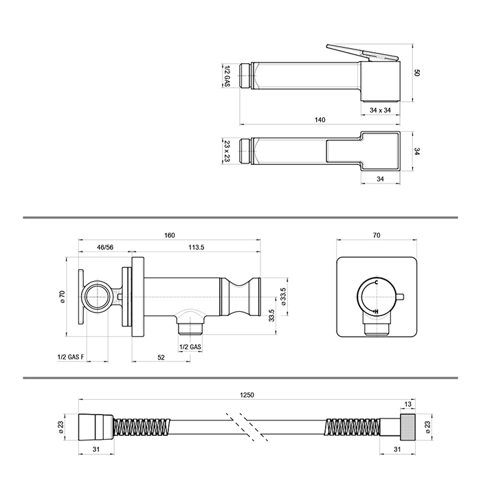 Bossini Cube Brass Гигиенический душ с прогрессивным смесителем, лейка металлическая, шланг металлический, цвет: хром