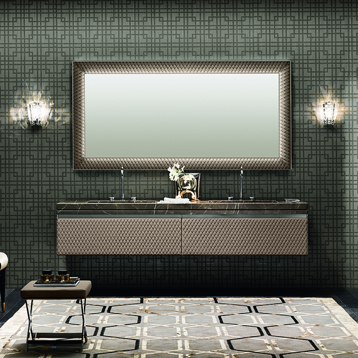 VITAGE milldue edition FOUR SEASONS Комплект мебели с базой, интегрированными раковинами PLANS, зеркалом LOSANNA, 216см, подвесной, цвет: мрамор bronzo amani-B58 экокожа visione-223 черный хром