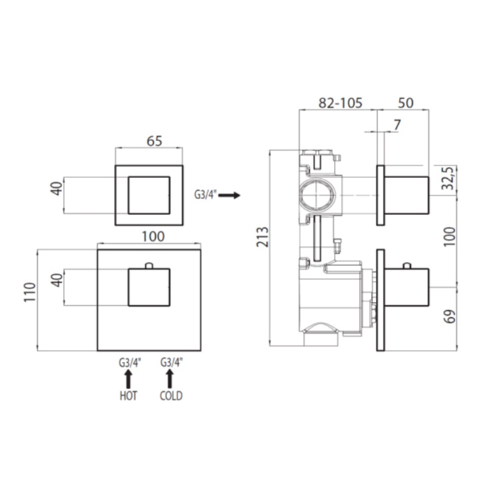 Bossini Cube Смеситель для душа, встраиваемый, термостатический, с переключателем на 2 источника, цвет: хром