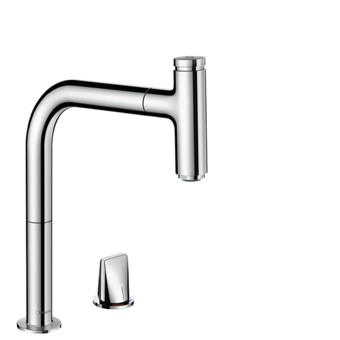 Hansgrohe Metris Select M71 Смеситель для кухни, на 2 отв, поворотный излив: 22.1см с вытяжным душем, 1jet, h:20.8см, sBox, кнопка вкл/выкл, цвет: хром