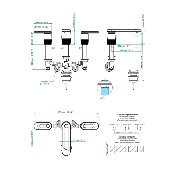 THG CORVAIR A MANETTES FIOR DI BOSCO Смеситель для раковины на 3 отверстия, для установки на мраморн столешн, с донным клап, цвет: полированное золото