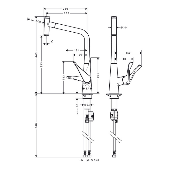 Hansgrohe Metris Select M71 Смеситель  для кухни на 1 отв, поворотный и выдвижной излив 1jet, кнопка вкл/выкл воды, цвет: сталь