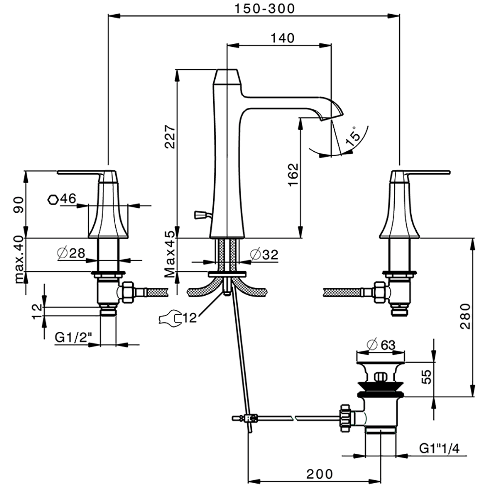 CISAL Cherie Смеситель для раковины на 3 отверстия с донным клапаном, цвет: золото/черный матовый
