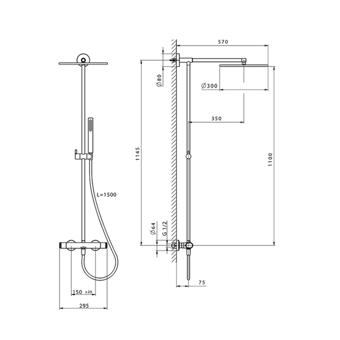 Cisal LineaViva Душевая стойка, с термостатическим смесителем, верхним душем Ø30см., держателем, ручным душем и шлангом 150см., цвет: хром