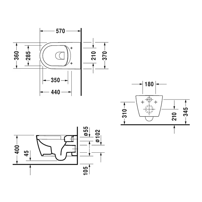 Duravit Me by Starck Унитаз 57х37см., подвесной, Rimless, Durafix, WonderGliss, цвет: белый