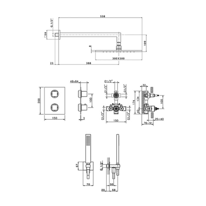 Cisal Wave Комплект для душа: термостатический смеситель, с  переключ, верхний душ с настеным держателем, ручн душ, цвет:  Nichel Spazzolato