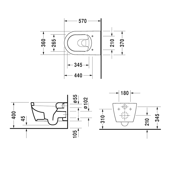 Duravit ME by Starck Унитаз 37x57см., подвесной, вкл. крепление Durafix, WonderGliss, цвет: белый 