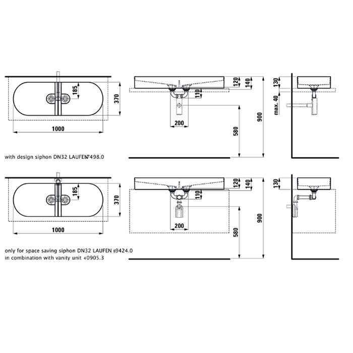 Laufen Sonar Раковина 100x37х13 см, без отв., двойная, без перелива, покрытие LLC, цвет: белый