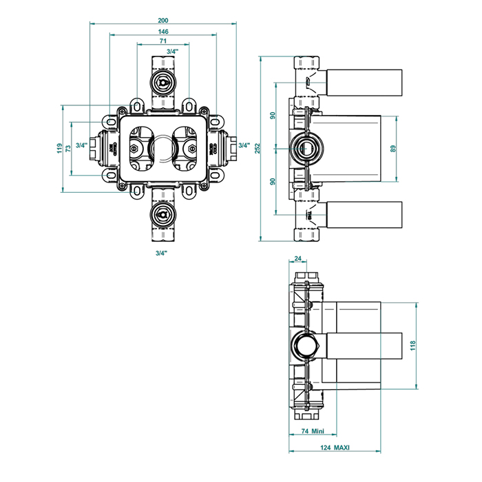 THG Термостат  3/4" - 60 л/мин с восковым картриджем и коробкой для встраивания, с двумя запорными вентилями